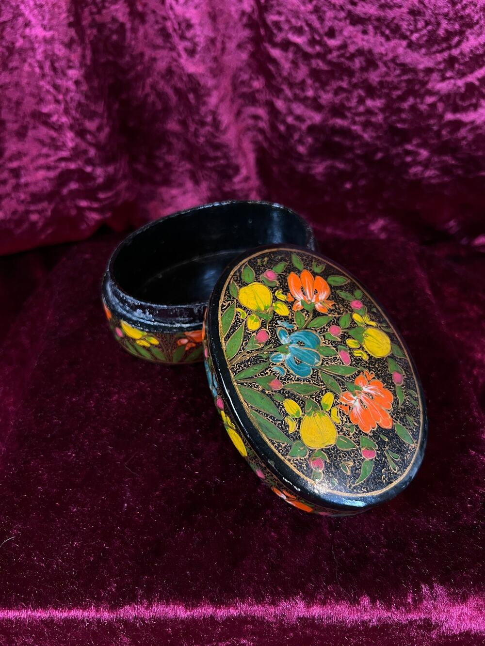 Vintage Papier Mache Trinket Box - Hand Painted Colorful Floral Kashmir Style